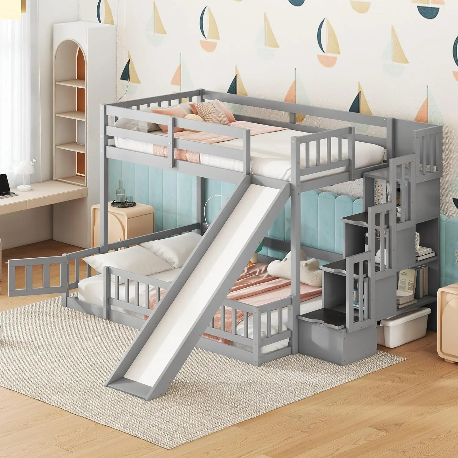 Twin Over Full Bunk Bed with Storage Stairs and Slide, Multifunctional Wood Bed with Guardrails and Bottom Door for Kids, Grey