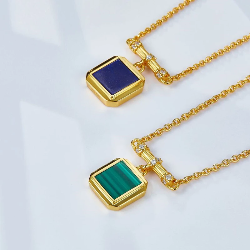 925 Silver Goldplated Malachite Lapis Lazuli Pendant Necklace Women Zircon Natural Stone Square Simple Choker Necklaces 2023 New