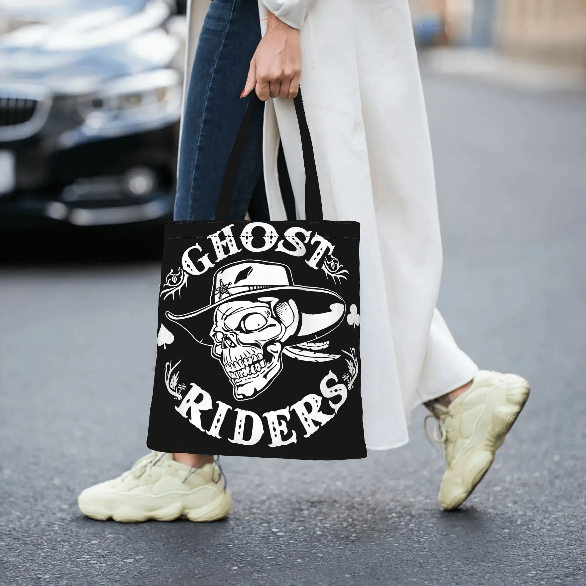 Ghost Riders White canvas tote bag,  urban style for daily shopping and casual outings