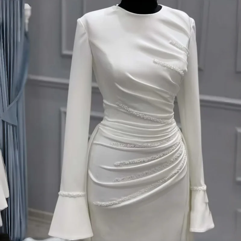 Round Neck Matte Satin Flare Sleeve Diagonal Ruched Beaded Bridal Gown Modest Mermaid Wedding Dress Customized