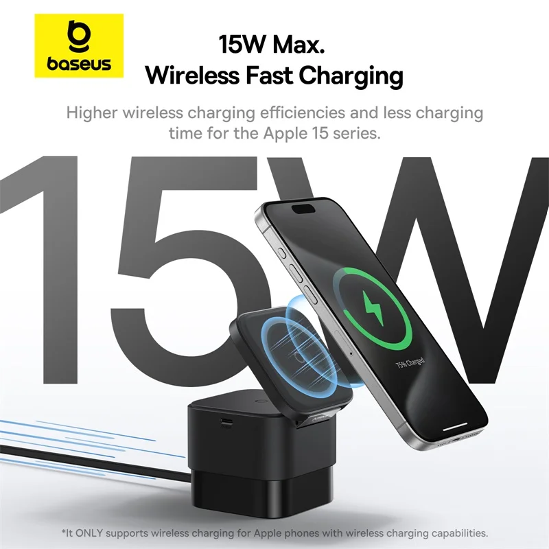 Baseus 2 in 1 Cube Magnetic Wireless Charger Macsafe Portable Fast Charging With Retractable Cable For iPhone 15 14 Pro Airpods