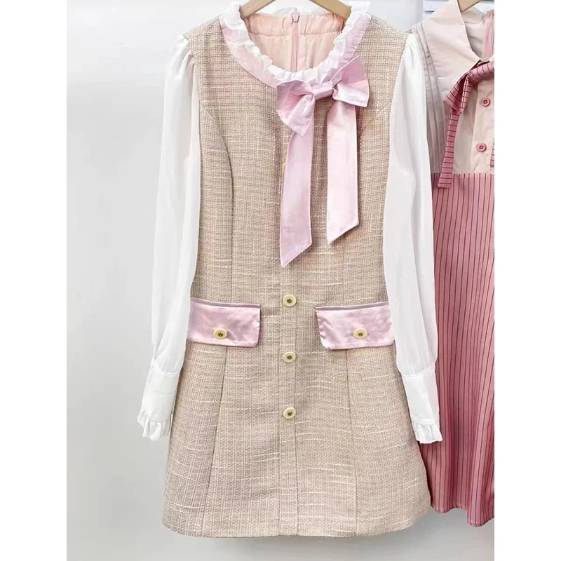 Women Spring Autumn Sweet Pink Mini Dress Korean Lady Graceful Bowknot Patchwork Long Sleeve Dresses 2024 New Tweed Gown Female