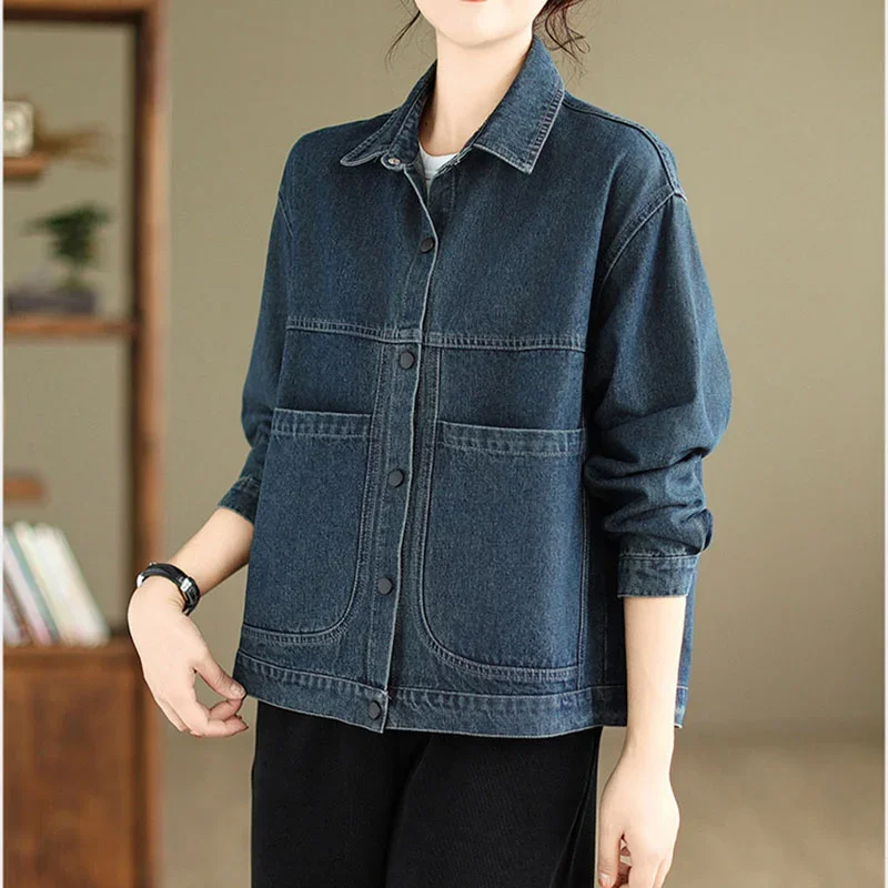 2024 New Autumn Women Denim Jacket Retro manica lunga Jeans Jacket femminile allentato Casual Denim Coat Outwear Overwear