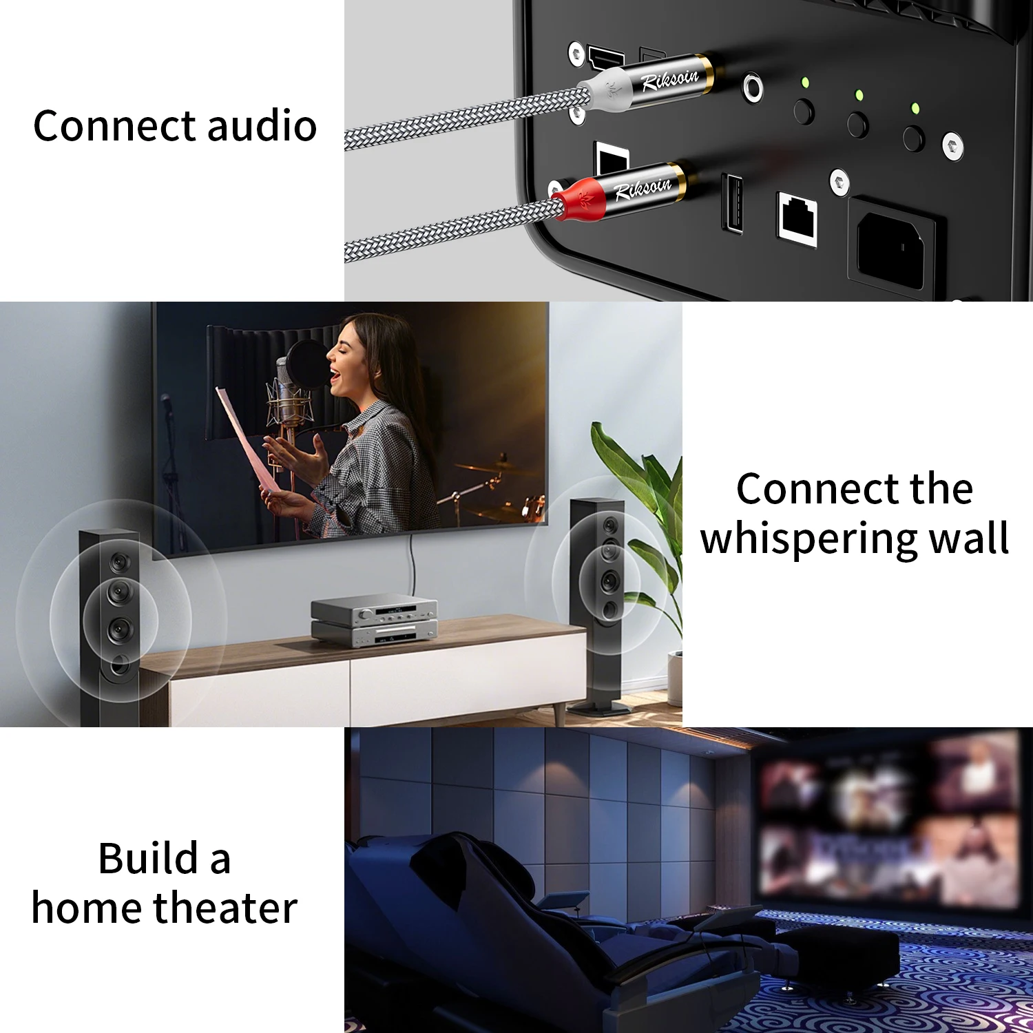 RIKSOIN RCA-Kabel, 2RCA zu 2RCA Stereo-Audiokabel, geschirmtes geflochtenes Design für Heimkino, Fernseher, Verstärker, Hi-Fi-Systeme – Detail 5