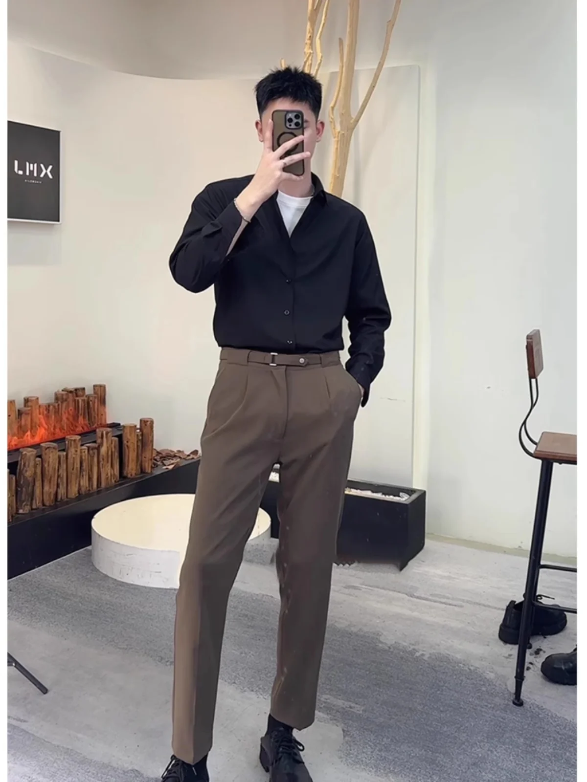 

Busin Faion Men's Long Sve irt Youth Bla White Casual Wear Polyester Fiber Slim Fit Autumn Spring Seasonal Wear