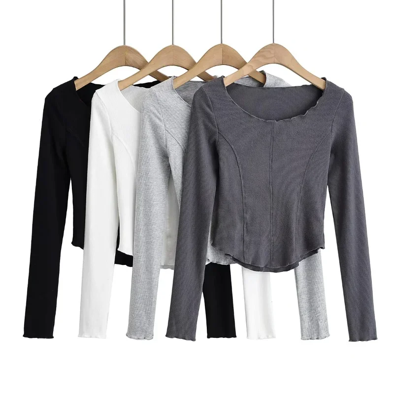 

Bottoming Crop Shirts Women Long-sleeved T-shirts Brushed Round Neck Reverse Line Exposed Navel Tight Arc Fungus Edge Clothes