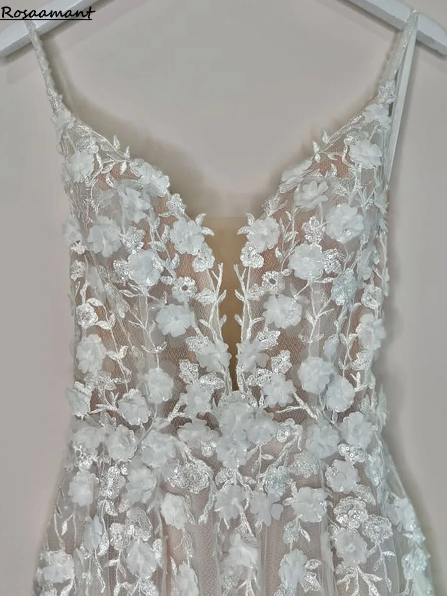 مثير عارية الذراعين الخامس الرقبة السباغيتي الأشرطة الدانتيل فساتين الزفاف الفاخرة الزهور قطار المحكمة ألف خط ثوب الزفاف خمر