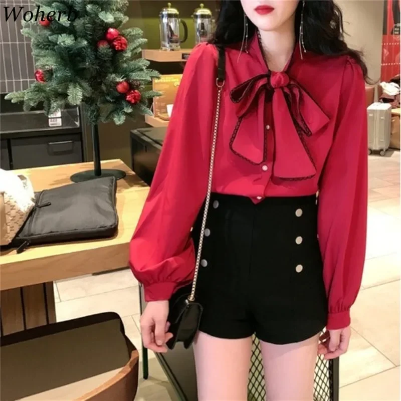 Woherb Women Long Sleeve Shirts White Blouses Vintage Korean 2024 Spring Sweet Bow Loose Ladies Blouse Office Lady  92066