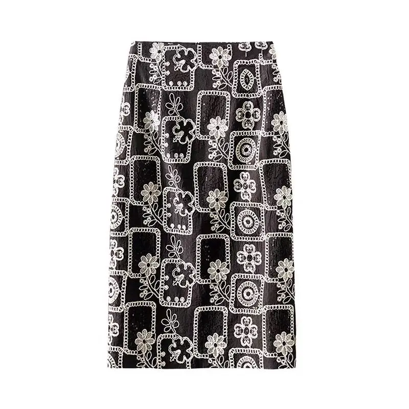 

2025 Spring Summer High Waisted Embroidery Vintage Sequined Black Pencil Skirt , Woman Fashion Designer Slim Skirts