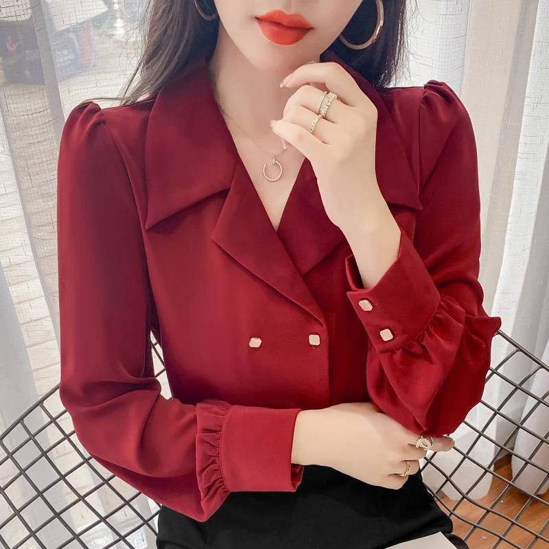 Red Vintage Double Breasted Casual Loose Shirt for Women Spring Autumn Fashion Korean Elegant Long Sleeve Office Lady Blouse Top