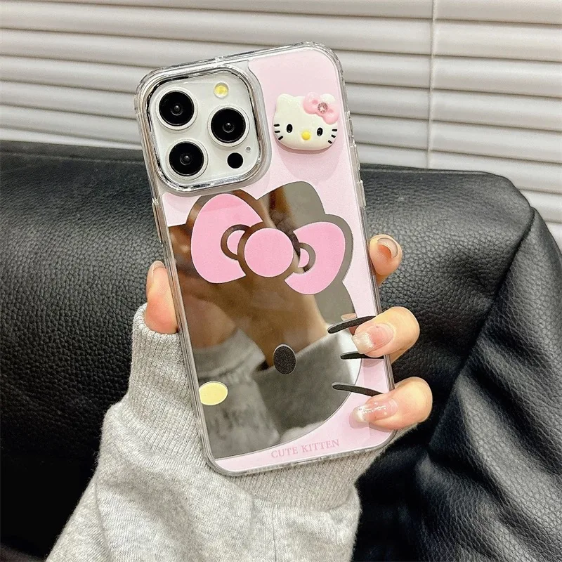 Luxury Cute Hello Kitty Glitter Bow Diamond KT Make Up Mirror Phone Case For iPhone 13 14 15 16 Pro Max Pink Kitty Protect Cover