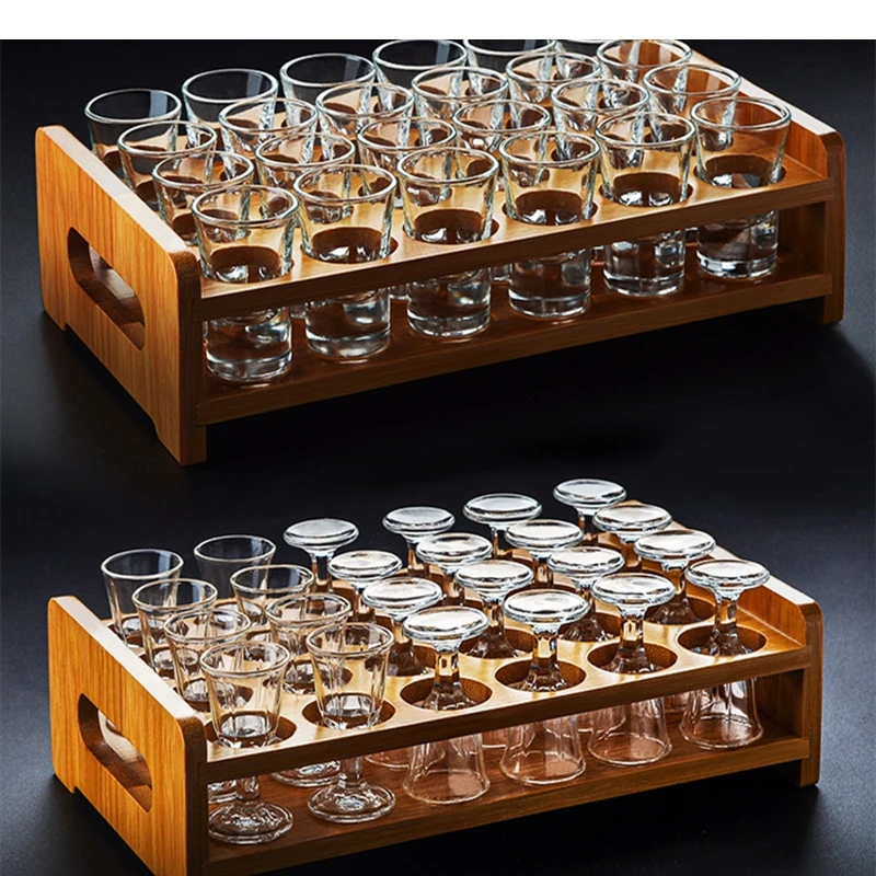 Crystal Glass Spirit Set with Wooden Cup Holder Vodka Brandy Small Wine Shochu Bar Friend Gifts