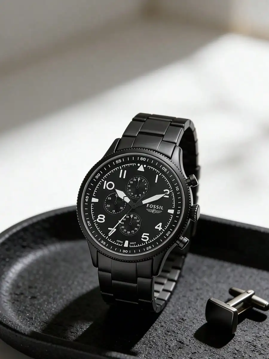 Reloj de pulsera Fossil FS5811 Retro Pilot para hombre, de acero inoxidable negro, cronógrafo de cuarzo, resistente al agua hasta 5 ATM, deportivo, informal, de lujo
