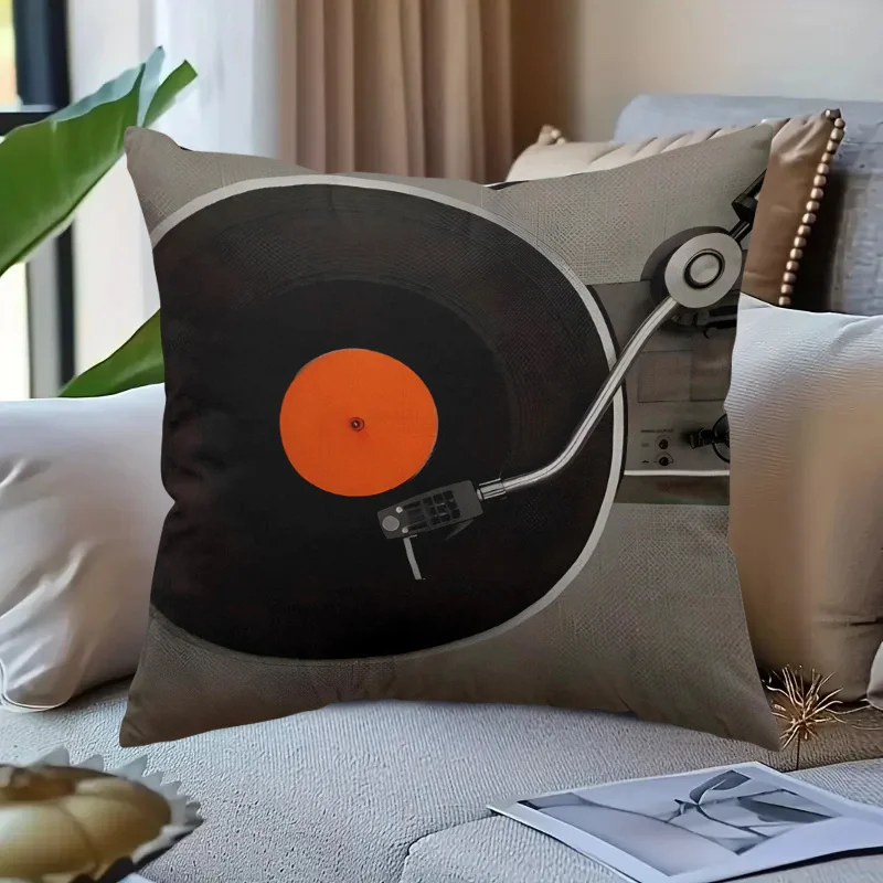 Retro Audio Disc and Needle Double-Sided Pillow Cover, 1pc Fun Playful Graphics Decorative Cushion Case for Sofa, Bed Decor