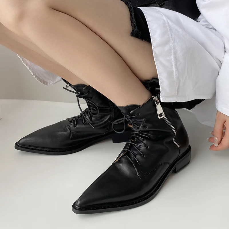 ASUMER 2024 New Sexy Narrow Band Genuine Leather Boots Pointed Toe Square Med Heels Ankle Boots Ladies Zipper Spring Boots