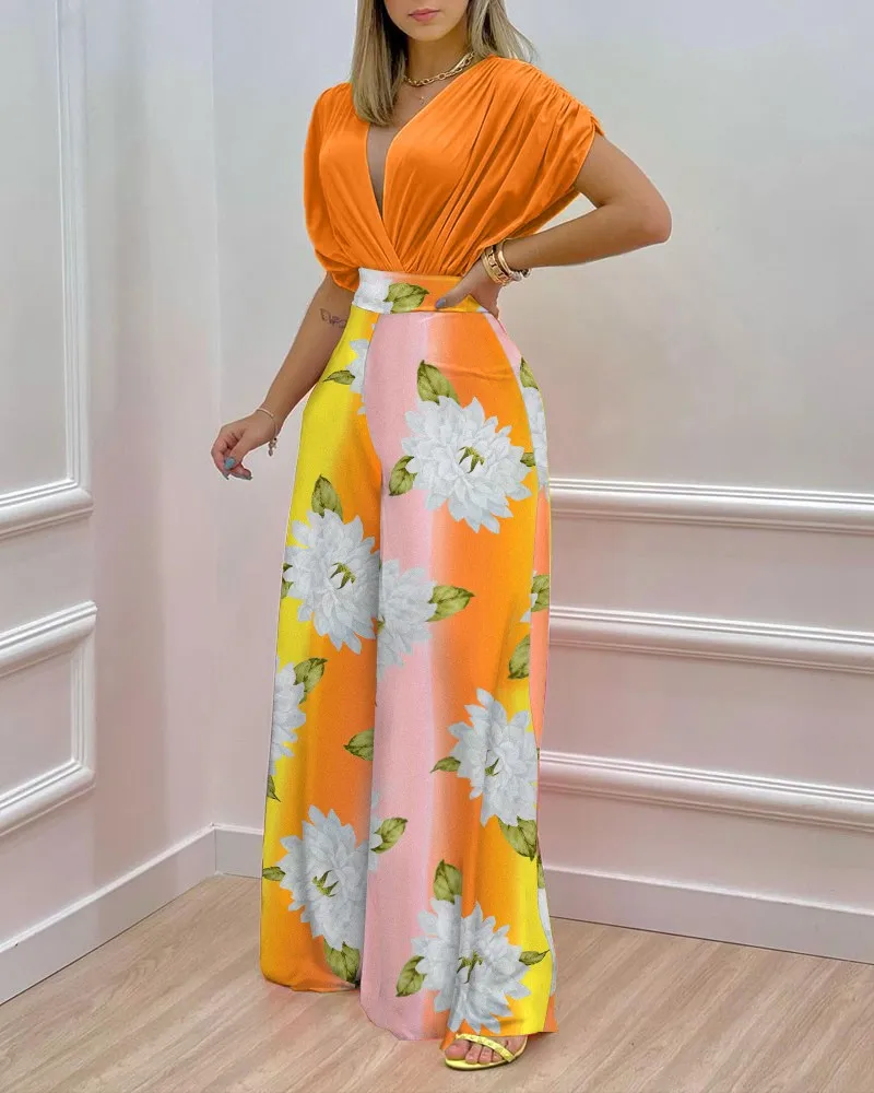 Summer Women Sexy Two Piece Set Sleeveless Solid Tops and Print High Waist Wide Leg Pants Set Plus Size Woman Clothes Outfits