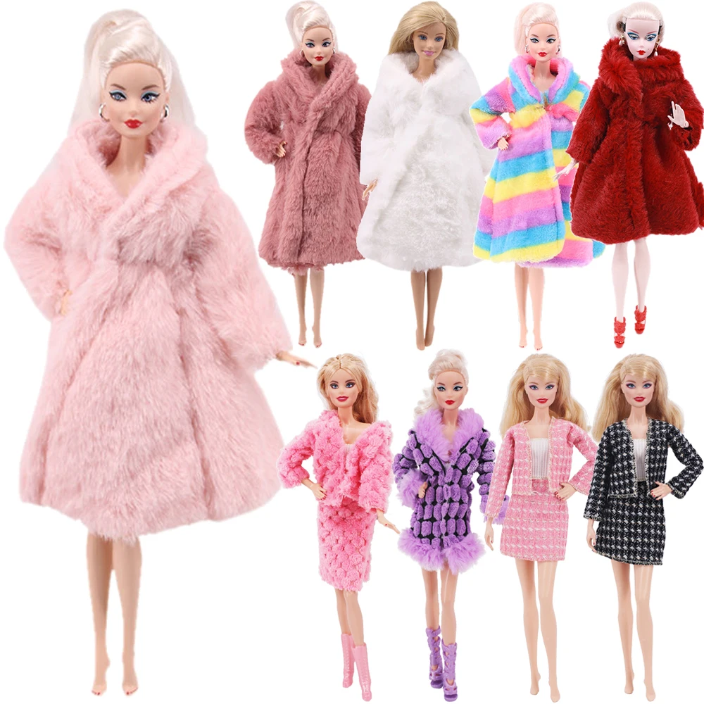 Multicolor Long Sleeves Soft Fur Plush Jacket Dress Warm Winter Wear Accessories For Barbis&BJD Doll Clothes Children Toys Gift