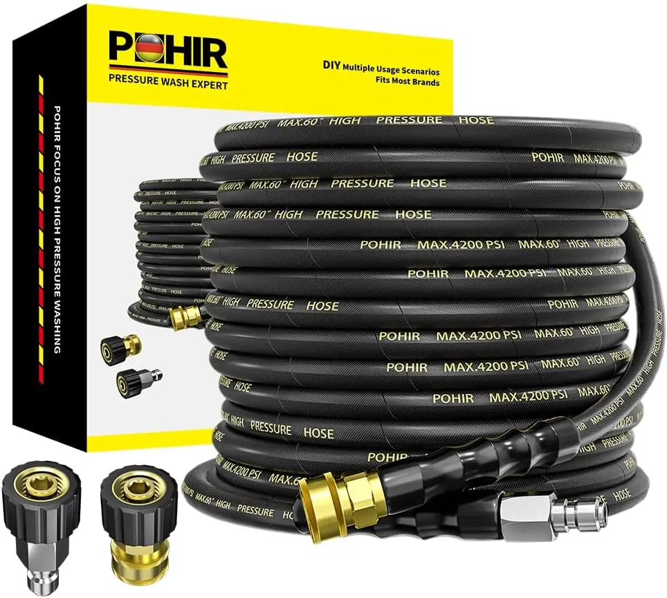 Pressure Washer Hose 50 ft with 3/8 Inch Quick Connect, Kink Resistant High Tensile Wire Braided,with 2 pcs M22 14mm Adapt