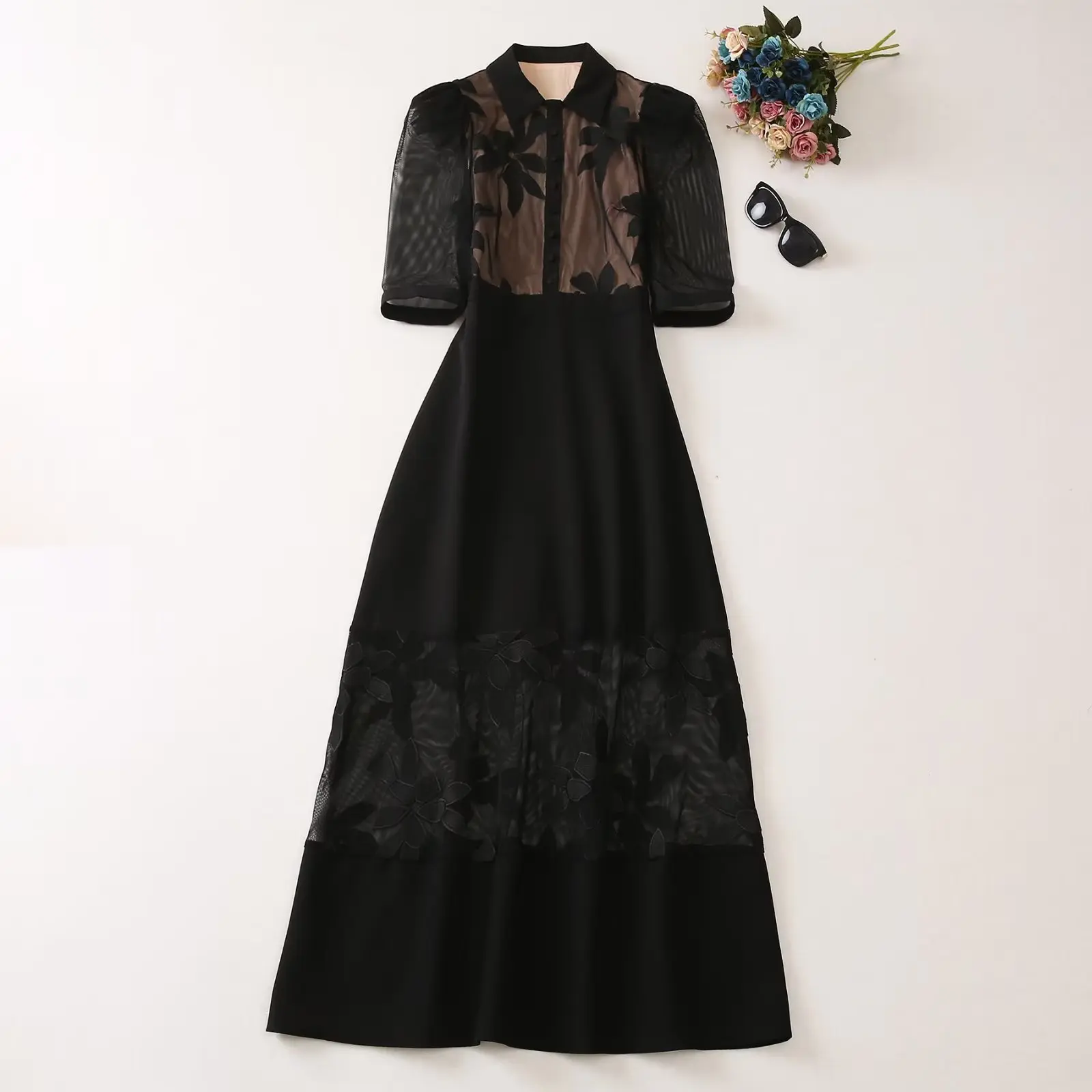 

European and American women's dress 2023 summer new style Five-quarter sleeve lapel fashion Embroidered black dress XXL