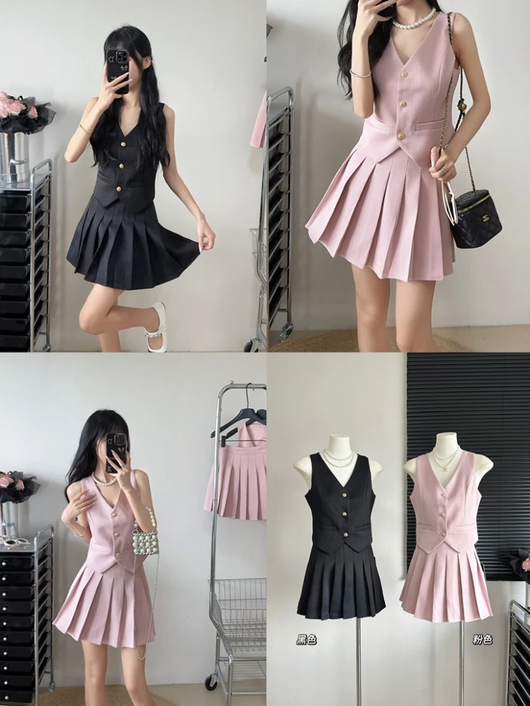 Summer Sweet Commuter Pink Suit Women\'s 2024 New Single-Breasted Vest Top+High Waist Pleated Skirt Slim-Fit Two-Piece Set