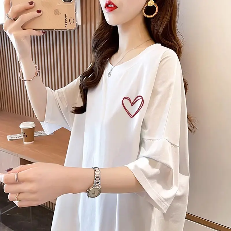 Korean Simplicity Versatile Summer Pure Cotton O-Neck Women\'s Printing Fashion Casual Loose Short Sleeve Mid-length T-Shirts Top