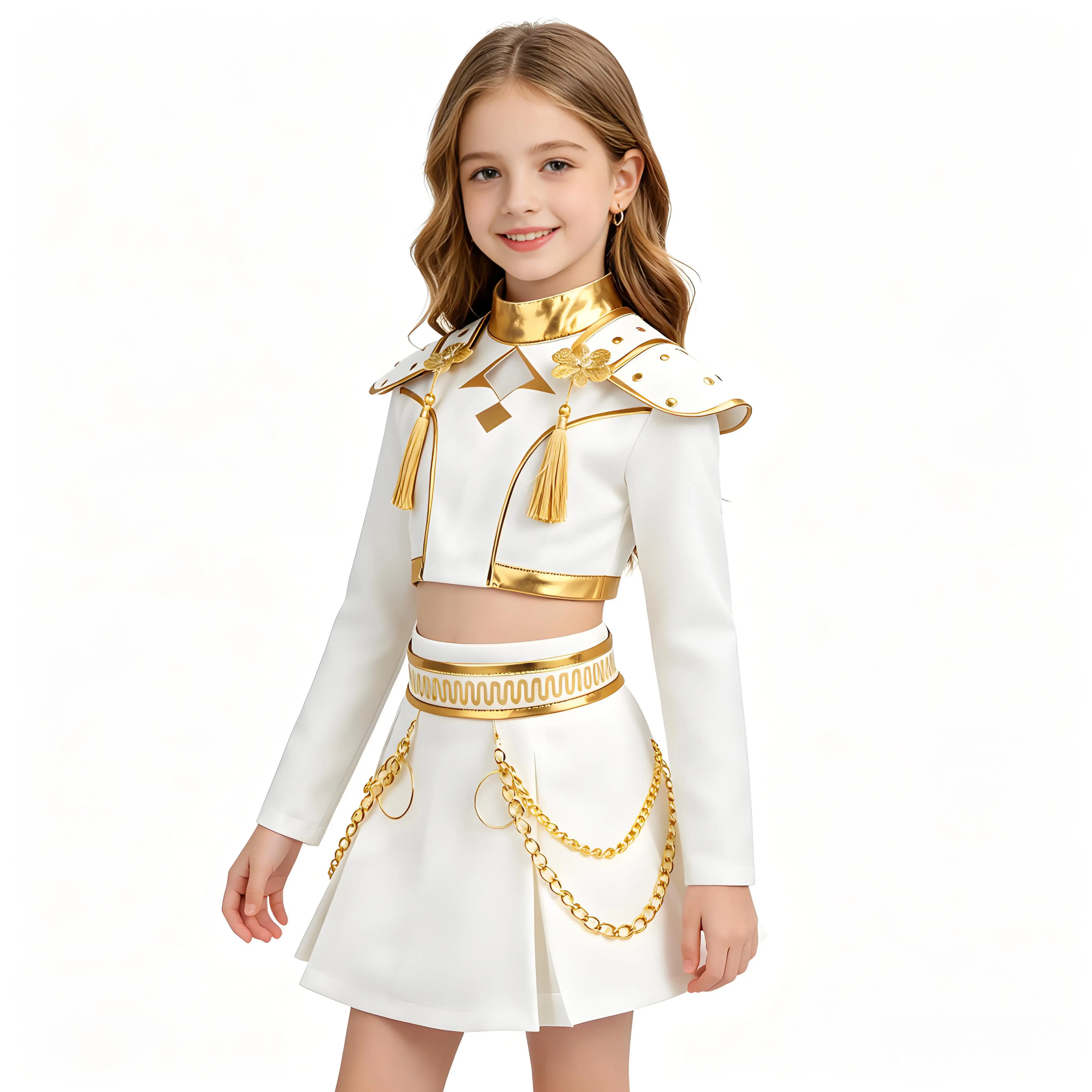 Tenue formelle pour petite fille, blanche et dorée, avec paillettes, haut à manches longues + jupe, ensemble 2 pièces, robe mignonne pour fête d'anniversaire, 2-12 ans