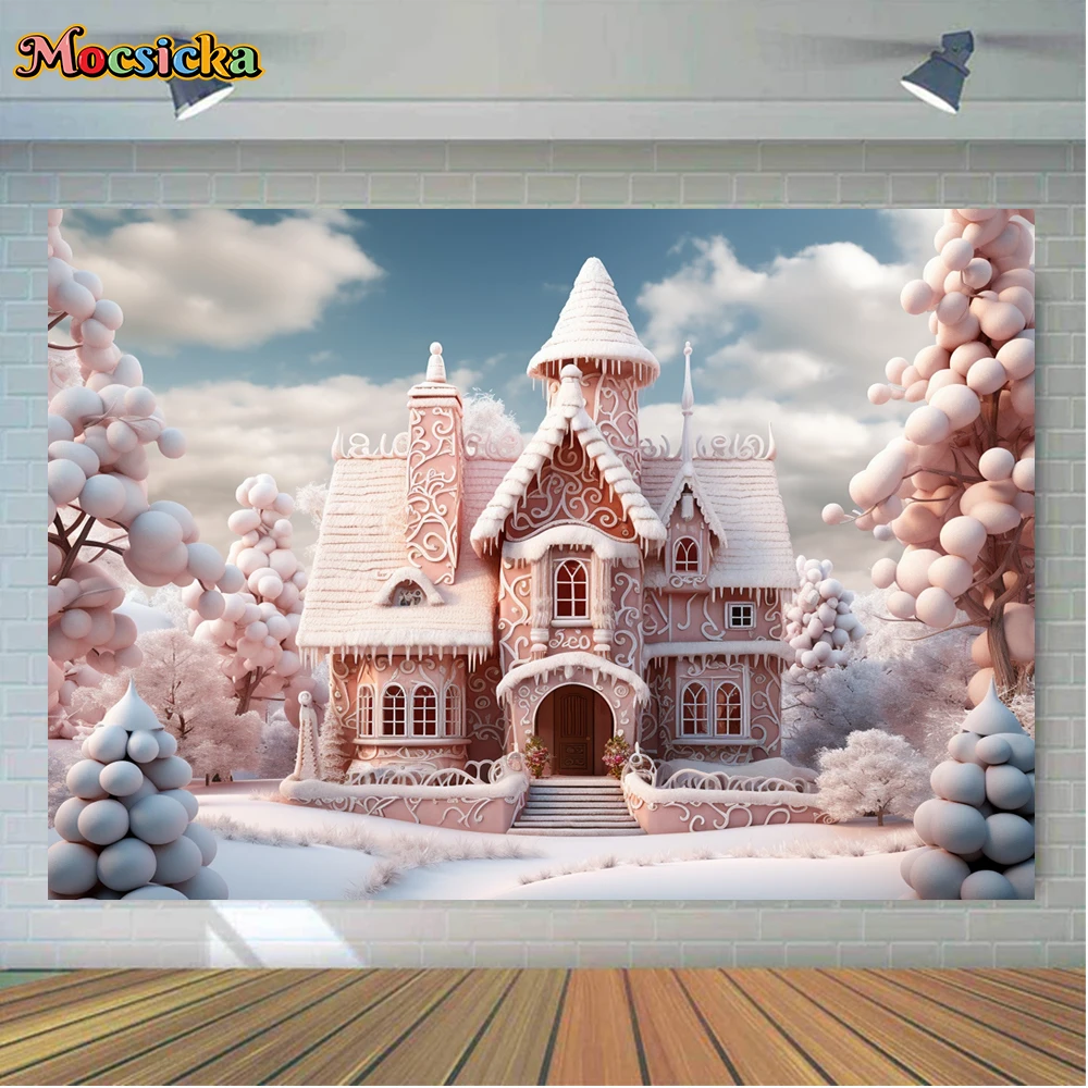 Mocsicka Winter Christmas Photography Background Pink Cottage Xmas Wreath Holiday Party Family Photo Backdrops Studio