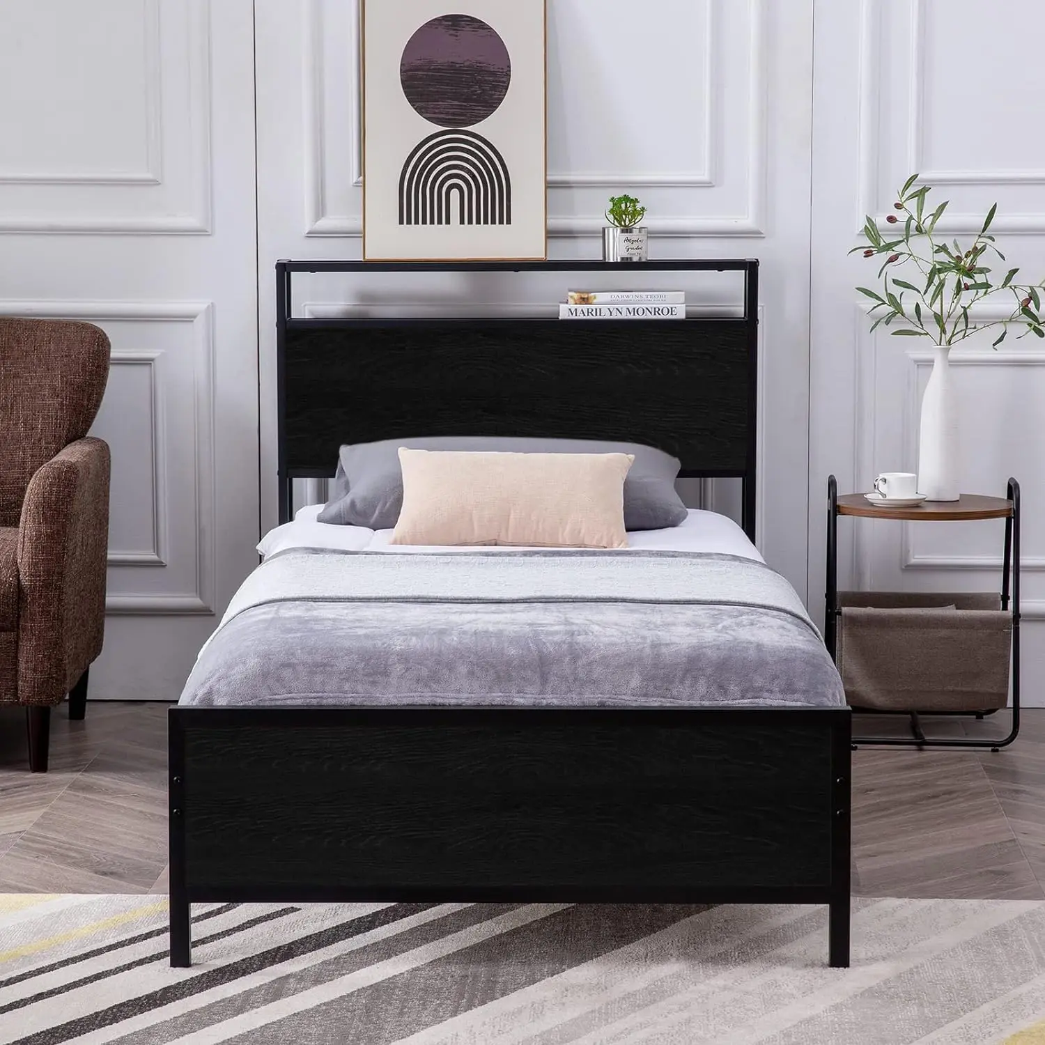 Twin XL Bed Frame, Platform Bed with 2-Tier Storage Headboard, Solid and Stable, Noise Free, No Box Spring Needed, Easy