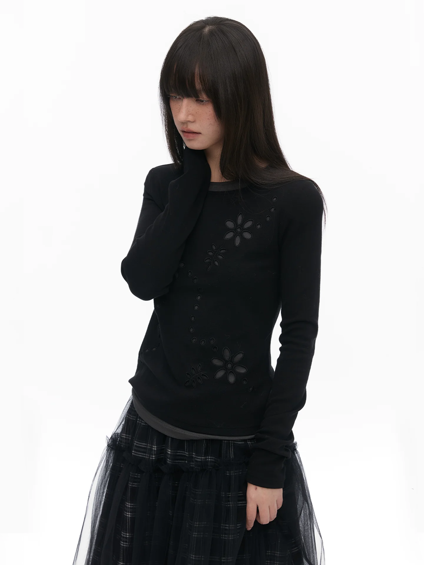 

Женская футболка Pinkmoor с двойным слоем, вышивкой, ажурным цветочным узором, длинным рукавом, круглым вырезом, облегающая, эластичная, с эффектом двухслойности