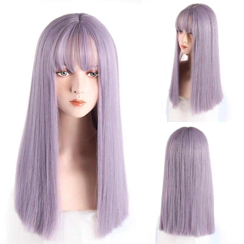 Perruque Synthétique Longue et Lisse en Fibre Haute Température pour Femme, Violet, Gris, Vert, Cosplay avec Frange