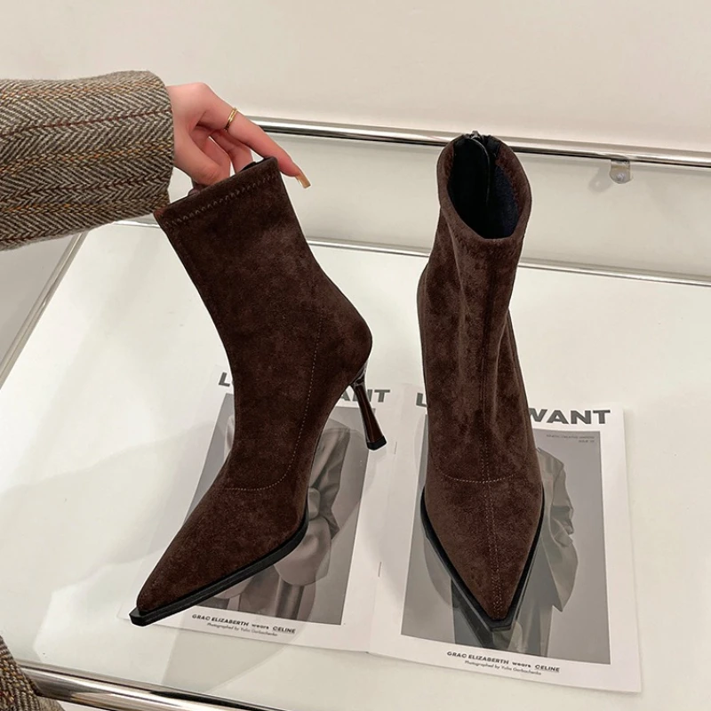 Botines de tacón alto con punta estrecha para mujer, zapatos elegantes para fiesta de baile, botines cortos ajustados elásticos para primavera y otoño 2026