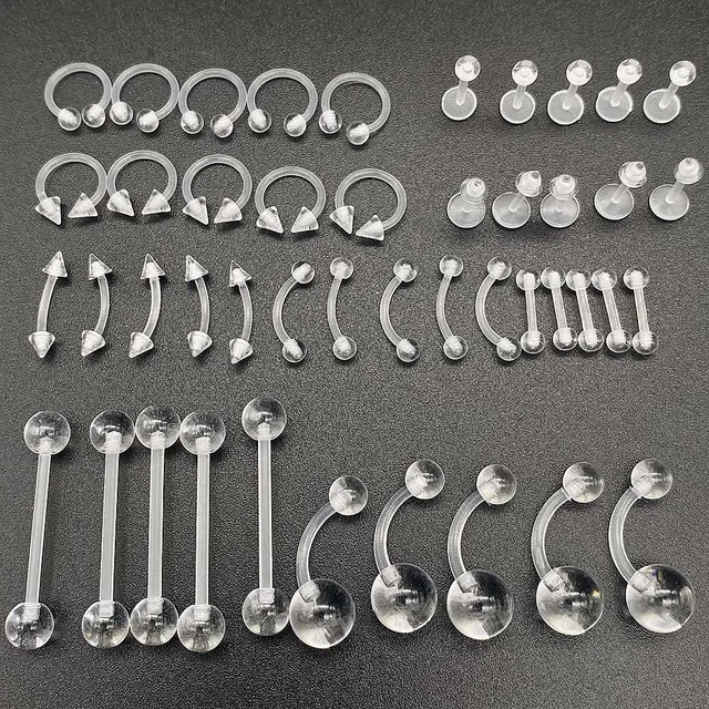 10/60Pcs/Set Clear Piercing Lip Ear Nose Tongue Ring Ashion Transparent Acrylic Tongue Ring Barbell Eyebrow Belly Body Jewelry