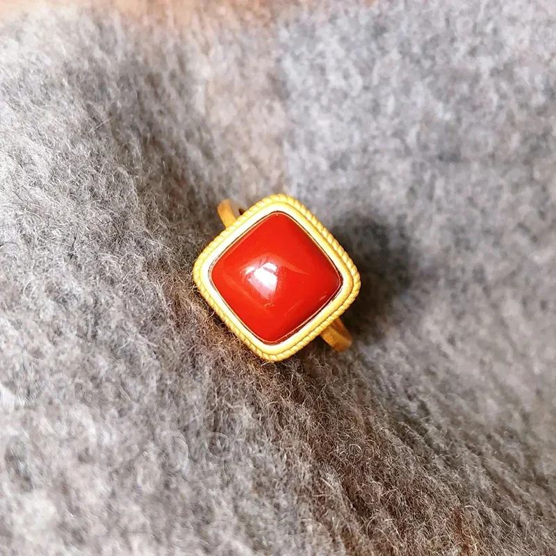 Classic South Red Tourmaline Square Opening Adjustable Ring Chinese Classical Unique Ancient Gold Craft Women's Jewelry image 2