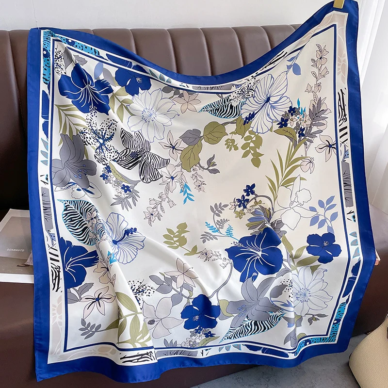 Luxe Damessjaal Zijde Vierkant Bloemenprint Ontwerp Hijaabs Vrouwelijke Halsdoek Sjaals Wikkel Hoofdband Bandana Mode