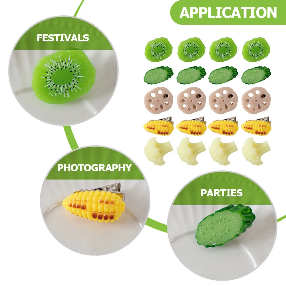 

20Pcs Fruit Vegetable Hairpins Plastic Creative Hair Barrettes Lightweight Hair Accessories for Girls Women Casual Birthday