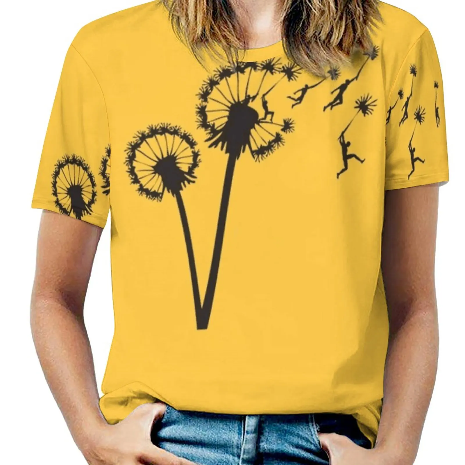 Dandylion People Flight Woman'S T-Shirt Spring And Summer Printed T Shirts Crew Neck Pullover Top Dandelion Vector Retro Flying