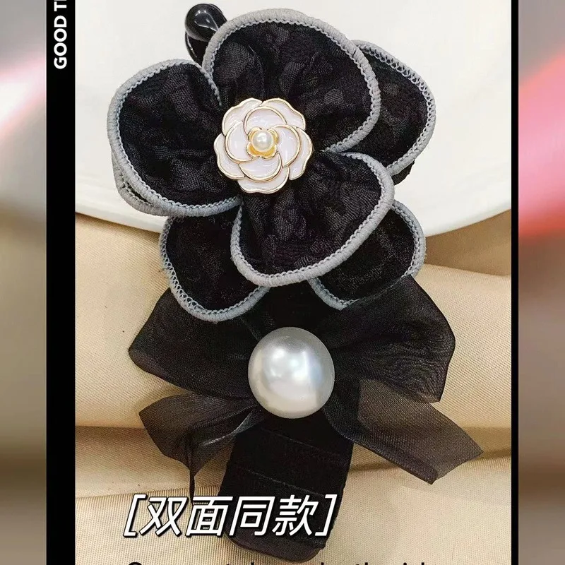 Korean Hair Accessories Camellia Fabric Flower Chiffon Butterfly Knot Elegant Women's Banana Clip Vertical Clip Hairpin