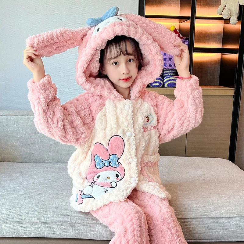 Sanrio Cartoon Hello Kitty Coral Fleece Children's Pajamas Cute Winter Warm Plush Thickened Kuromi My Melody Girl Loungewear Set