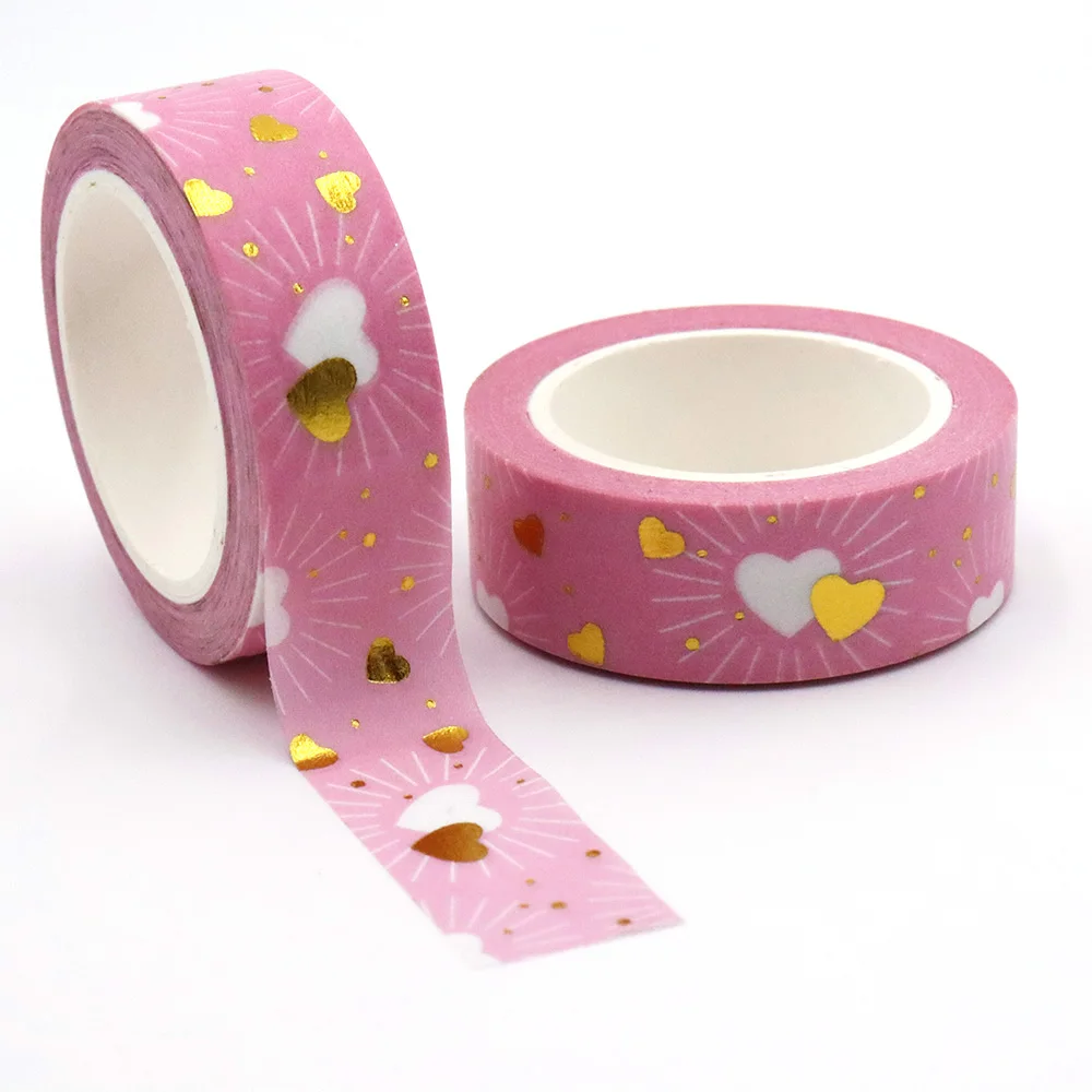 NEW 10pcs/Lot 15mm*10m Gold Foil Pink Golden Heart Love Decorative Washi Tape Stationery Colourful Tape Office Supplies