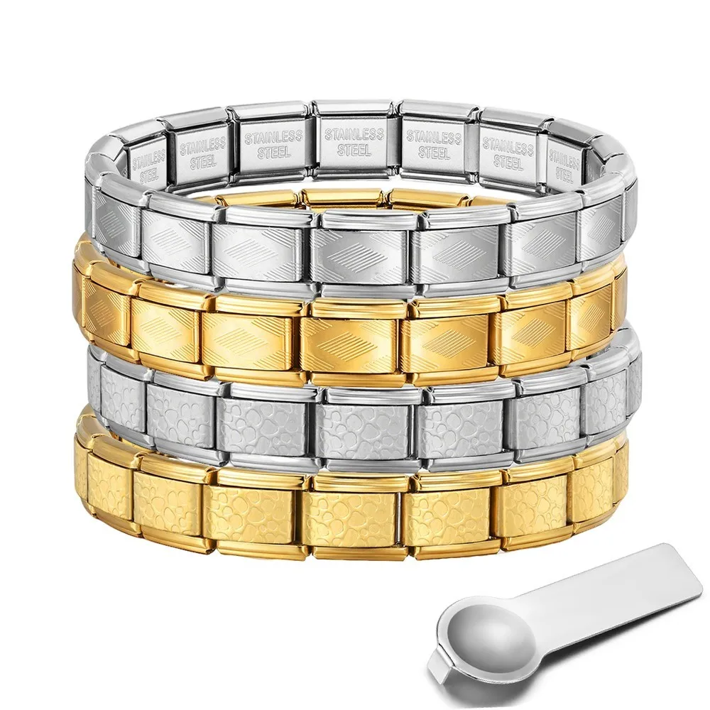 New 9mm Rhombus Design Italian Charm Men Leopard Texture Link Bracelet Stainless Steel DIY Making Bead Women Male Daily Jewelry