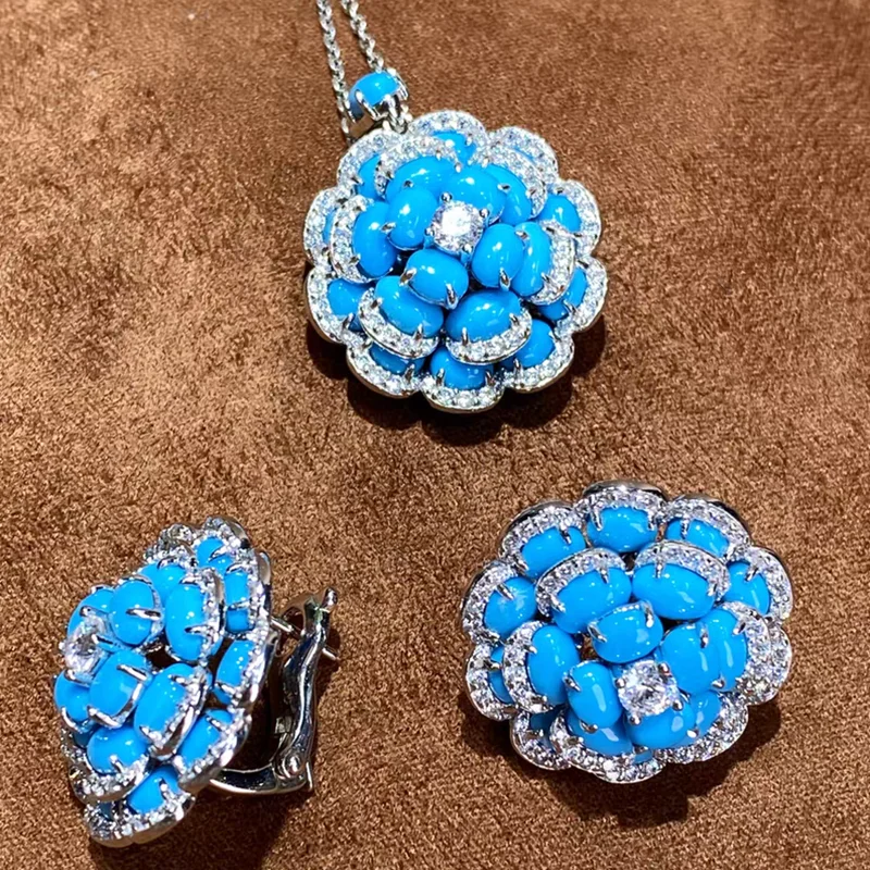 KQDANCE 925 Silver Synthetic Blue Turquoise Gemstone Lotus Rose Flower Earrings Ring Pendant Nekclace Luxury Party Jewelry Set