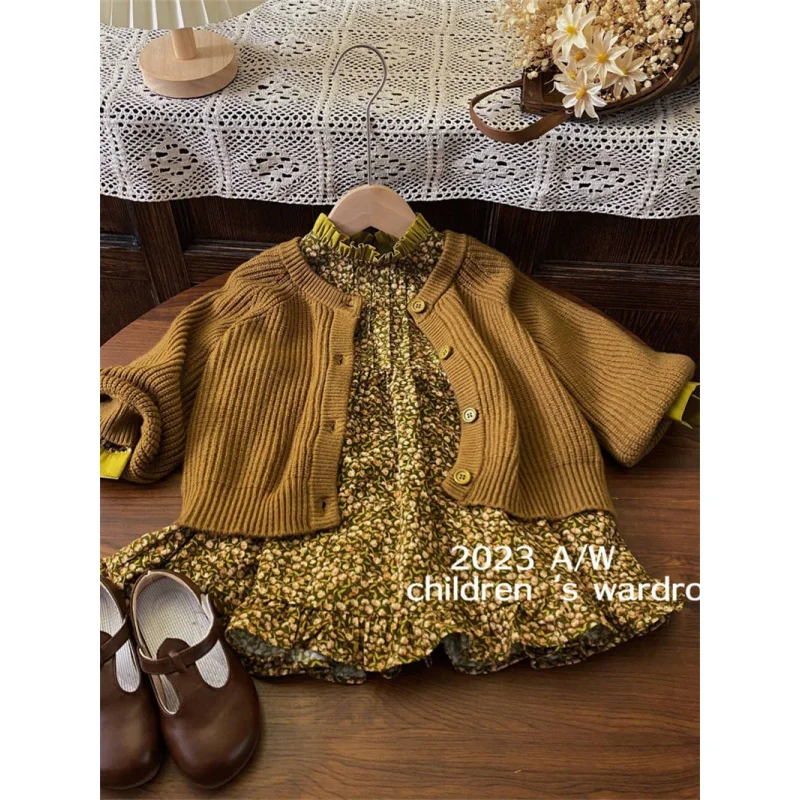 

Children's Autumn Suit New Children's Clothing Girls' Retro Mori Style Floral Dress Simple Solid Color Knitted Cardigan