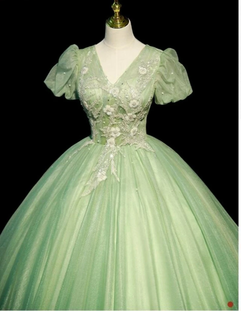 Customized Lime Green Sweet 16 Dresses For Prom Short Sleeve Applique Beaded Ball Gown Occasion Party Dress Quinceanera Wear