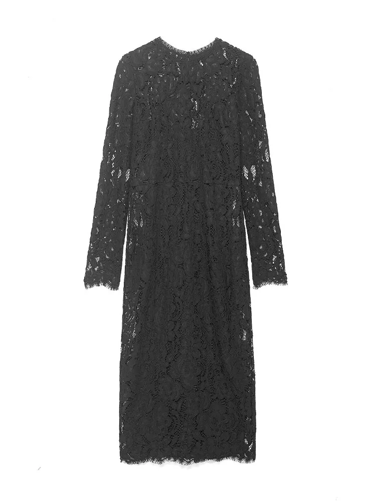 

HH Women's Spring Festival Fashion Simple Round Neck Lace Midi Long Dress Female Temperament Zipper Sexy Slim Long Sleeve Dress