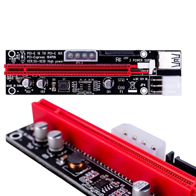 NEW-VER103D 3In1 Power PCI-E Riser การ์ด LED 4Pin 6Pin Sata 15Pin PCIE 1X To 16X60 ซม.สายสําหรับ Bitcoin Miner