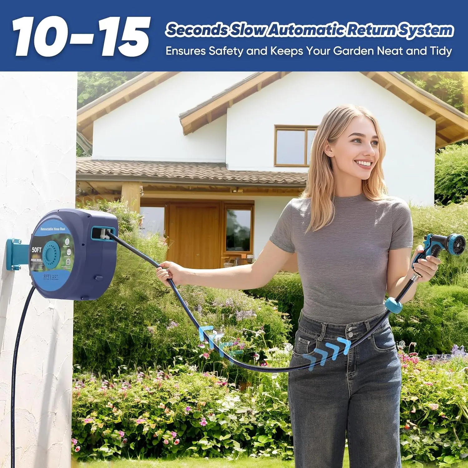 

Retractable Garden Hose Reel, Wall-Mounted Hose Reel 1/2 in x 50 ft, Slow Retraction System, Any Length Lock