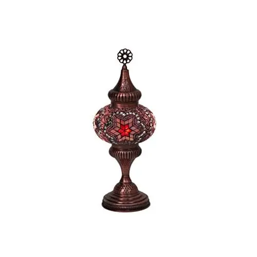 LaModaHome English Moroccan Handmade Mosaic Glass Table Lamp Light with Decorative Polished Copper Fixture for Bedroom, Livingro