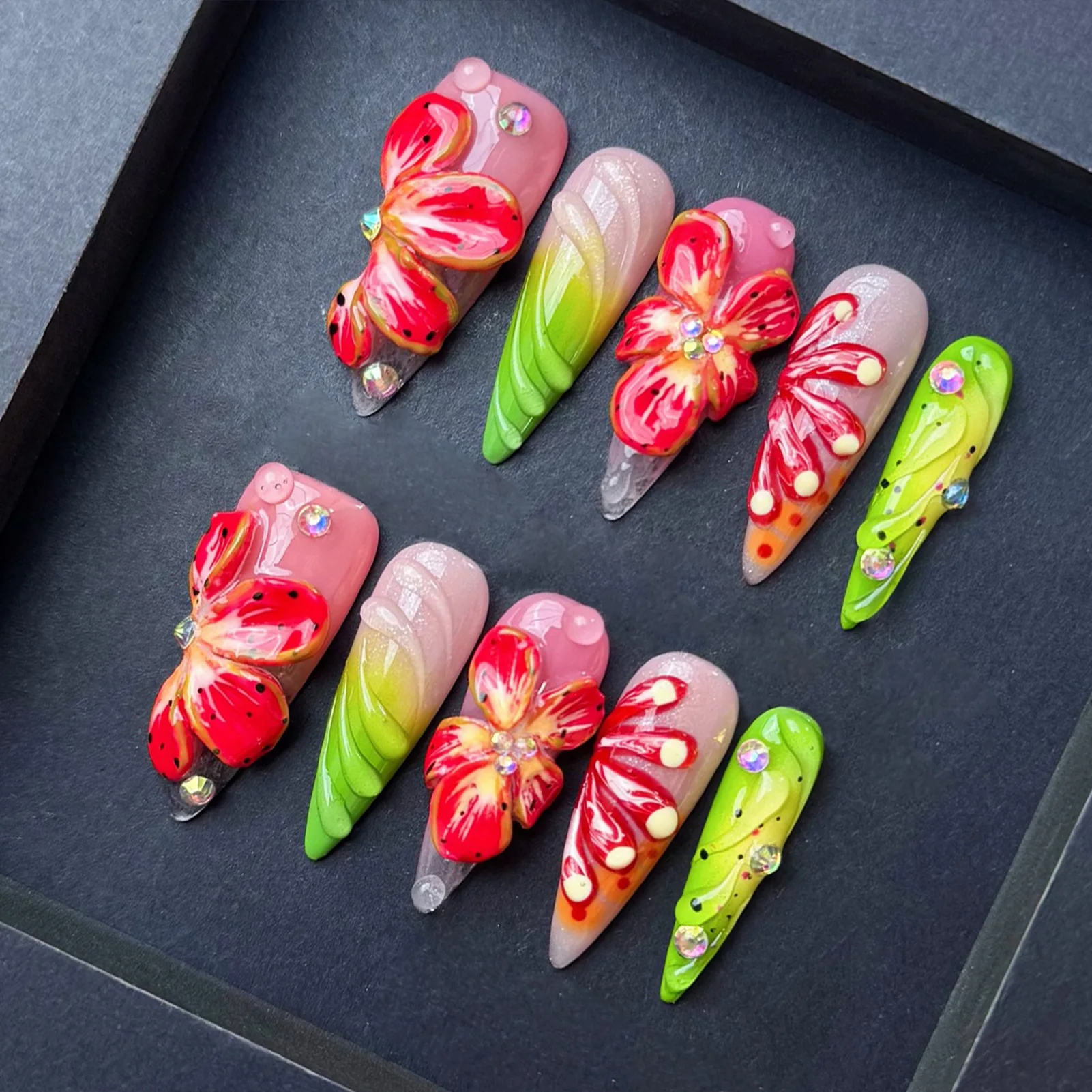 10Pcs French Almond Press On Nails 3D Floral Resin Fake Nails Glossy Reusable False Nails For Party Dating Shopping DIY