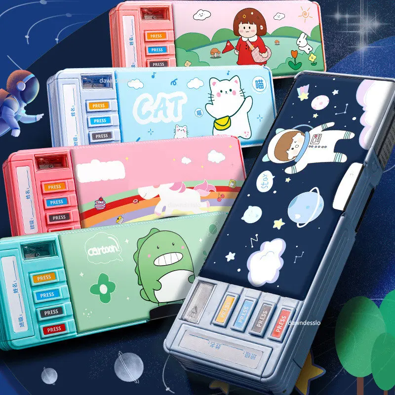 

Pencil Cases Kawaii Case Stationery Pencil Case School Supplies Cute Multifunction Pen Box Astronaut Cat Dinosaur Double Layer