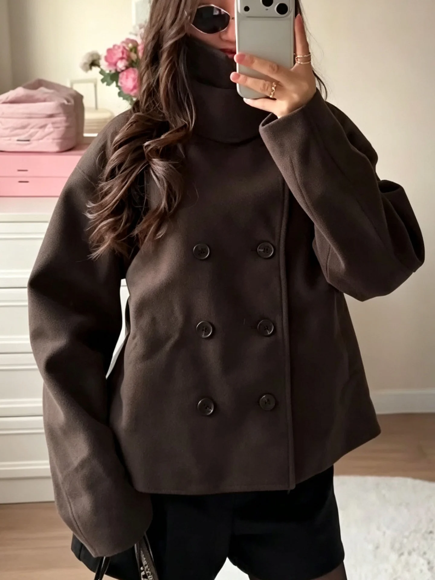 Elegant Women's Woolen Coat Vintage Buttoned Belted Slimming Short Chic Autumn Winter Commute Style Large Size
